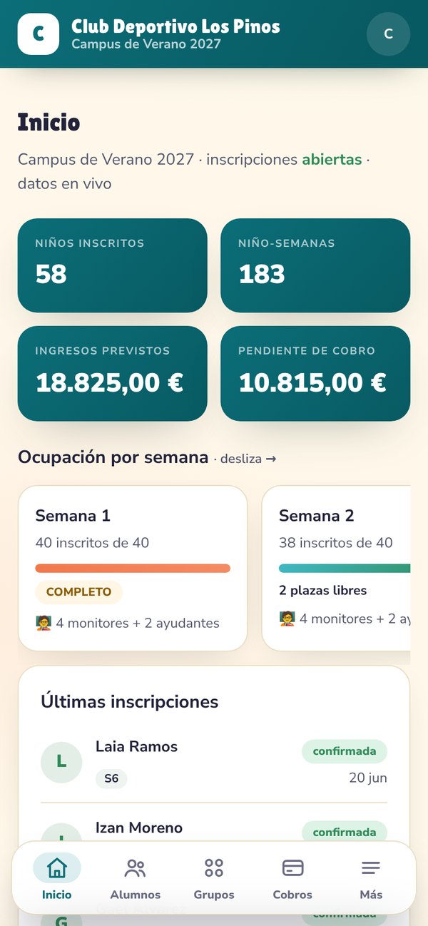 La app de Viabilo en el móvil: niños inscritos, ingresos y ocupación por semana